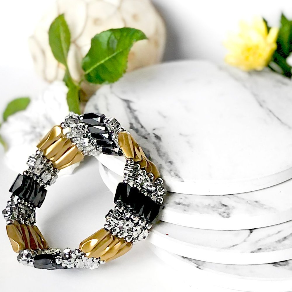 3 PACK: Matte Gold, silver toned, and black magnetic womens bracelets